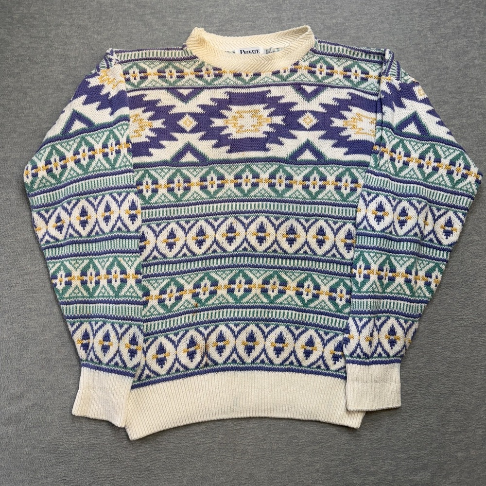 Vintage Private Club Sweater Adult Medium Aztec Geometric Knit Purple Green USA